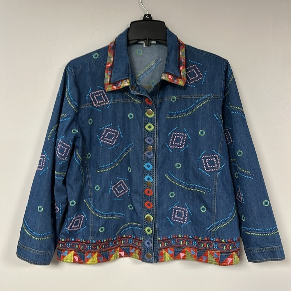 Vintage 80s 90s Norm Thompson Funky Embroidered Denim Jacket 1X, EUC!